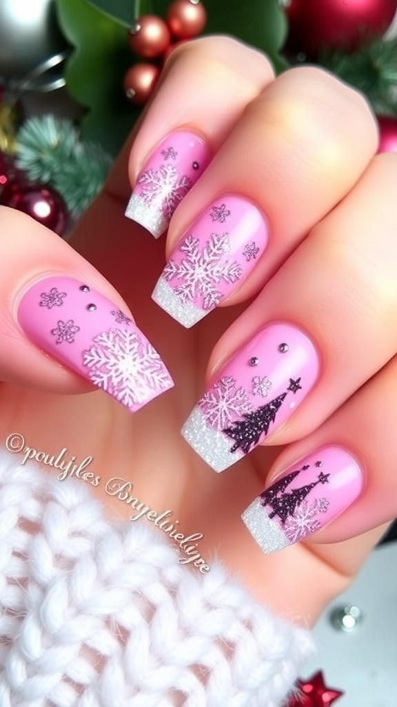 Pink Christmas nails with snowflake and tree designs, glitter accents, and a festive holiday theme.
